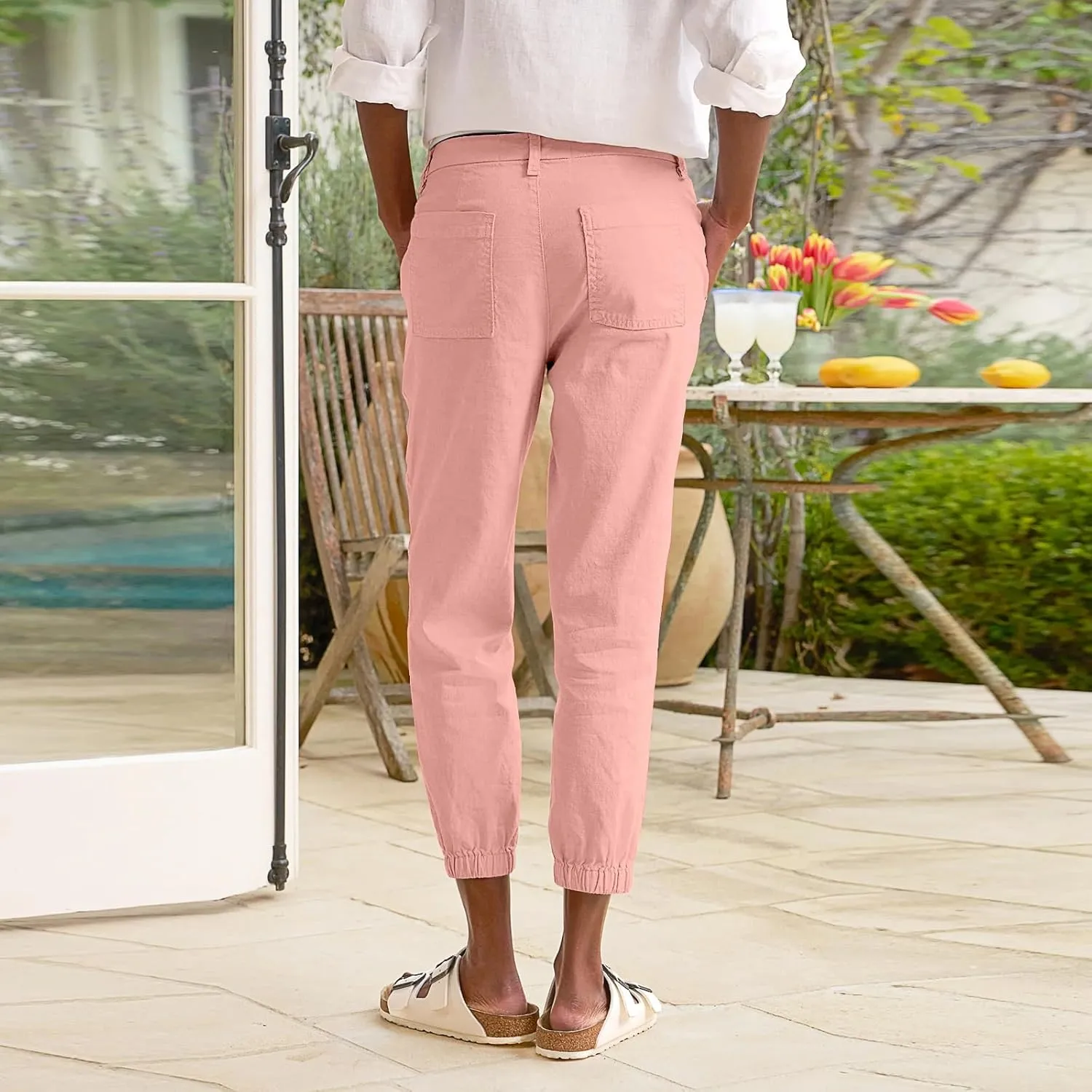 Women Linen Joggers Casual Cropped Linen Pants High Waisted Tapered Leg Jogger with Pockets Ankle Length Chino Pants