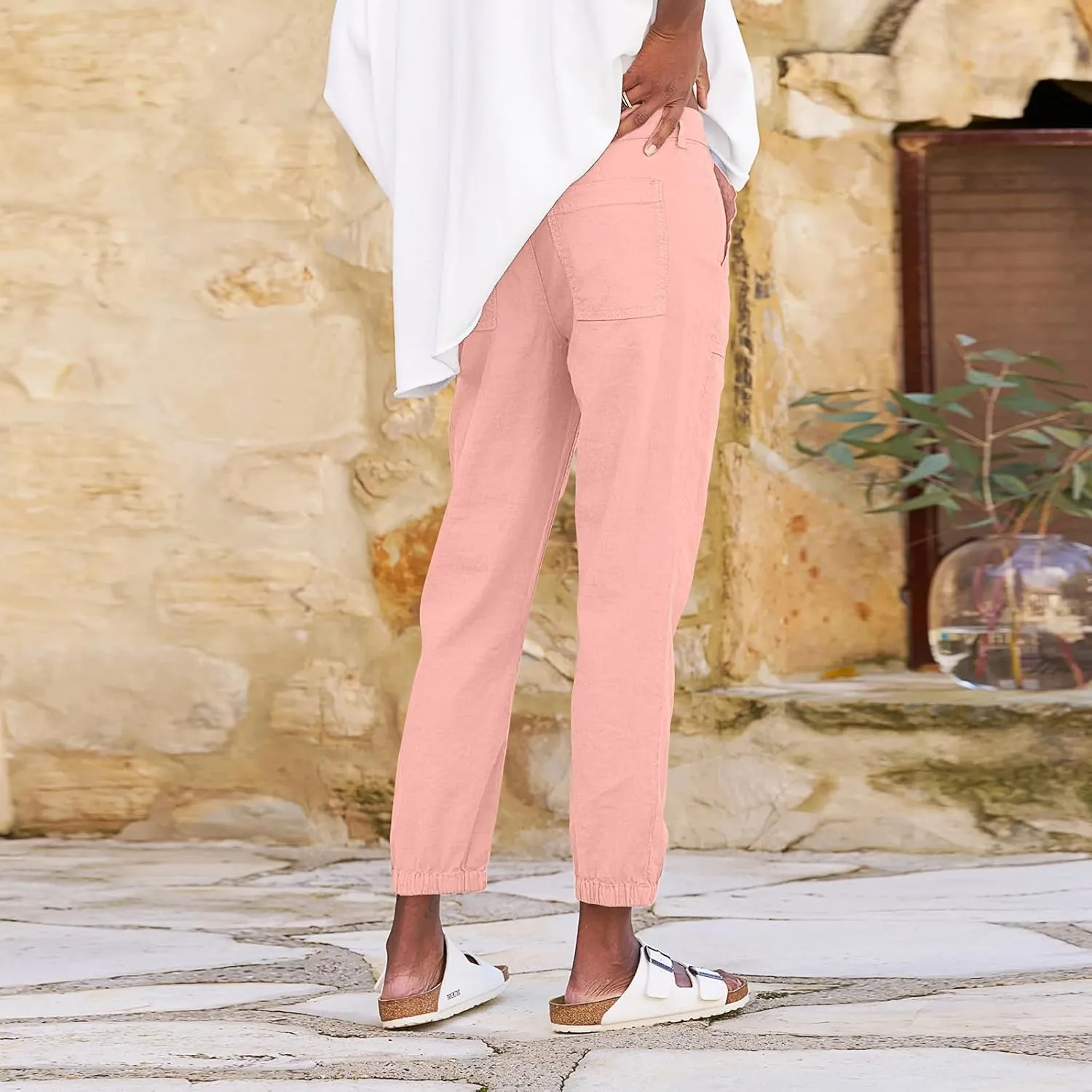 Women Linen Joggers Casual Cropped Linen Pants High Waisted Tapered Leg Jogger with Pockets Ankle Length Chino Pants