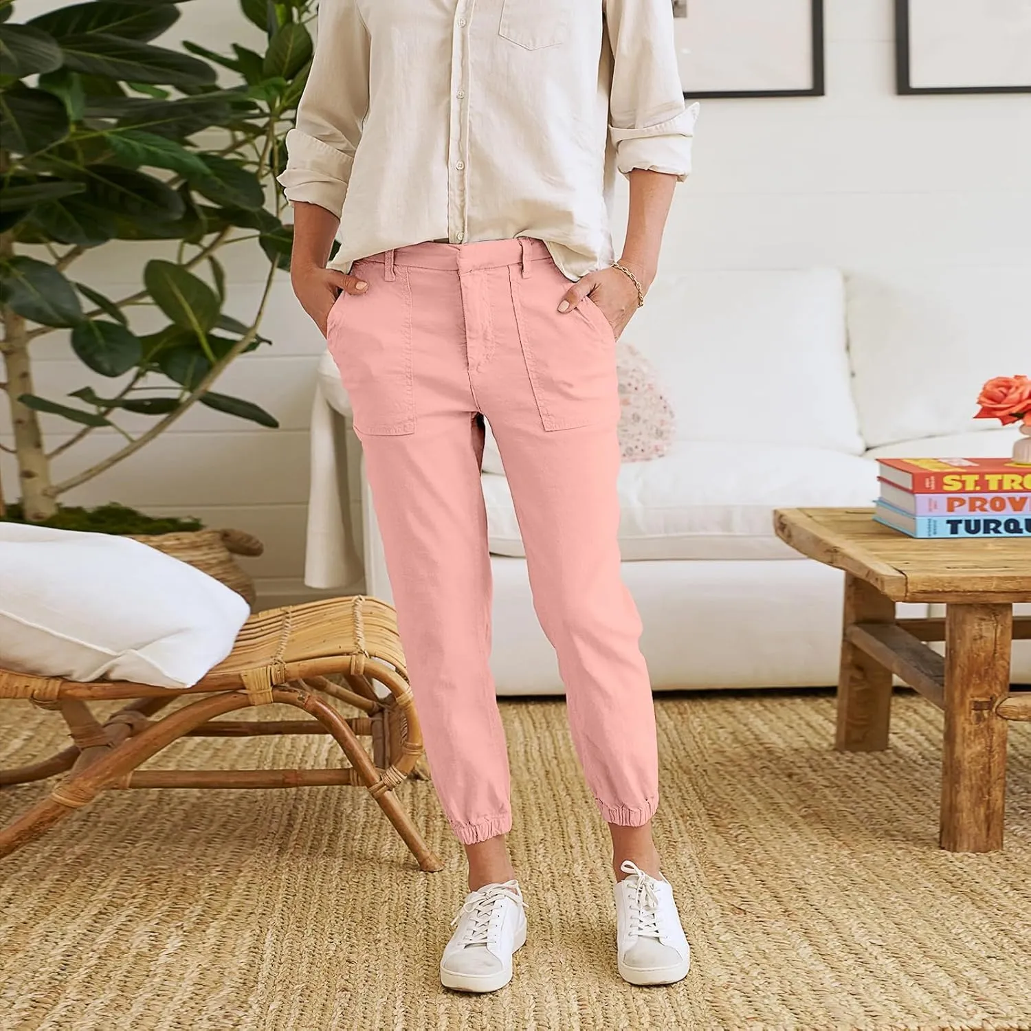 Women Linen Joggers Casual Cropped Linen Pants High Waisted Tapered Leg Jogger with Pockets Ankle Length Chino Pants