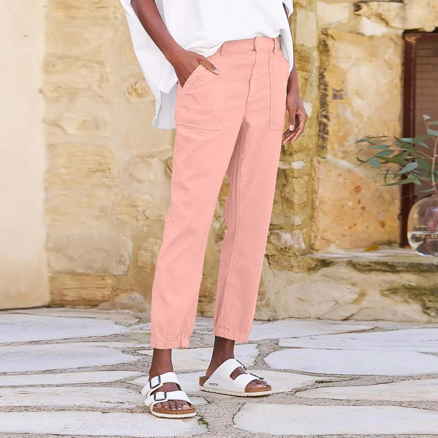 Women Linen Joggers Casual Cropped Linen Pants High Waisted Tapered Leg Jogger with Pockets Ankle Length Chino Pants