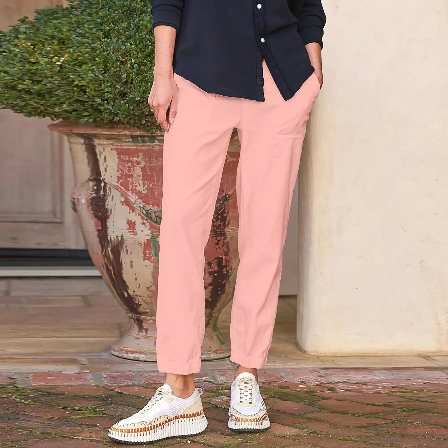 Women Linen Joggers Casual Cropped Linen Pants High Waisted Tapered Leg Jogger with Pockets Ankle Length Chino Pants