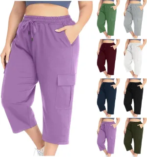 Women Plus Size Capris High Waisted Elastic Cargo Athletic Pants Dressy Casual Summer Travel Long Shorts