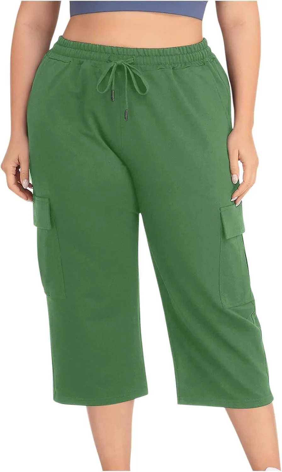 Women Plus Size Capris High Waisted Elastic Cargo Athletic Pants Dressy Casual Summer Travel Long Shorts