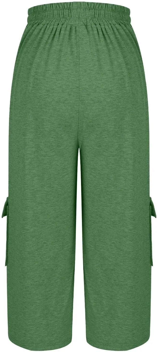 Women Plus Size Capris High Waisted Elastic Cargo Athletic Pants Dressy Casual Summer Travel Long Shorts
