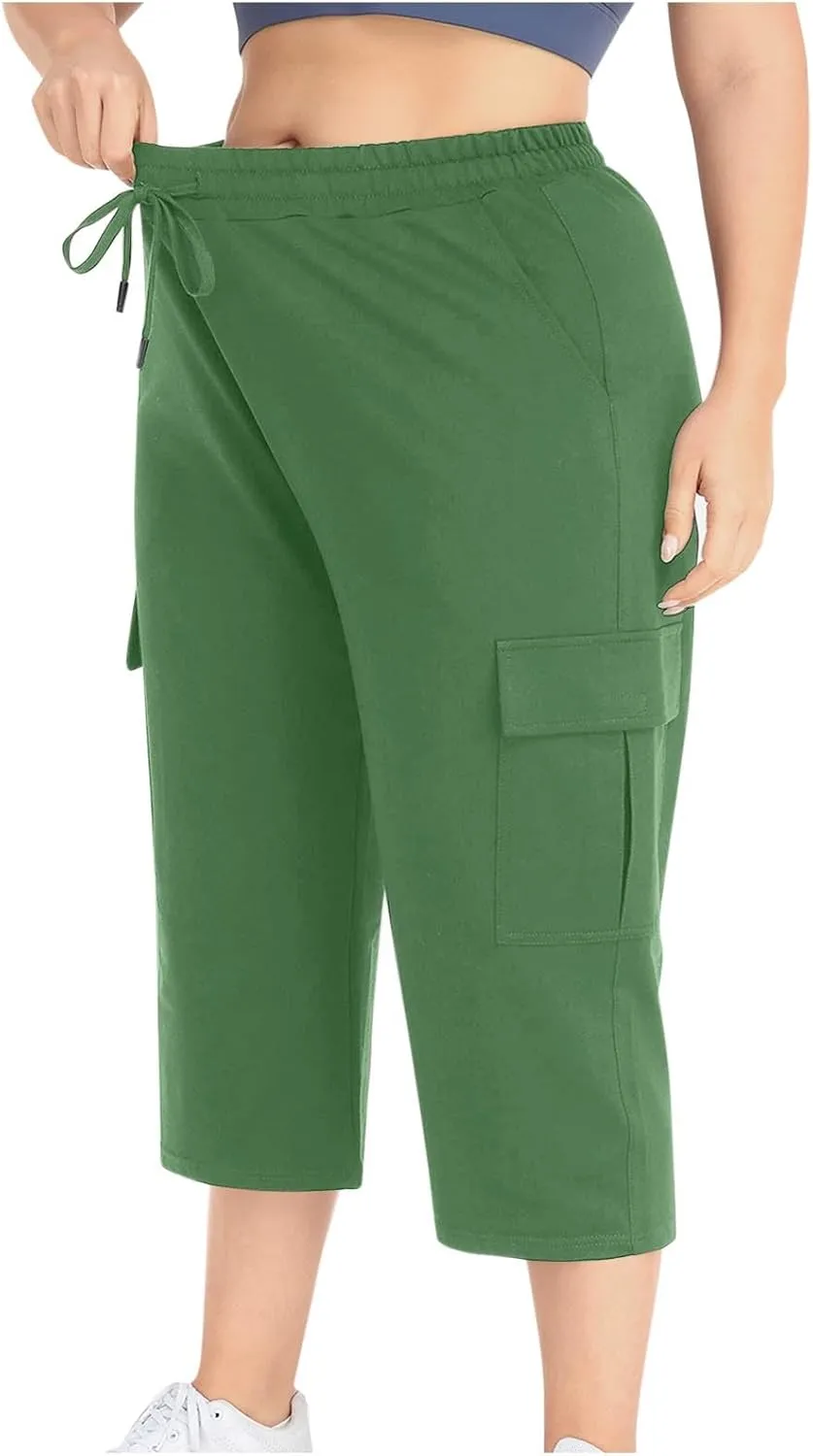 Women Plus Size Capris High Waisted Elastic Cargo Athletic Pants Dressy Casual Summer Travel Long Shorts