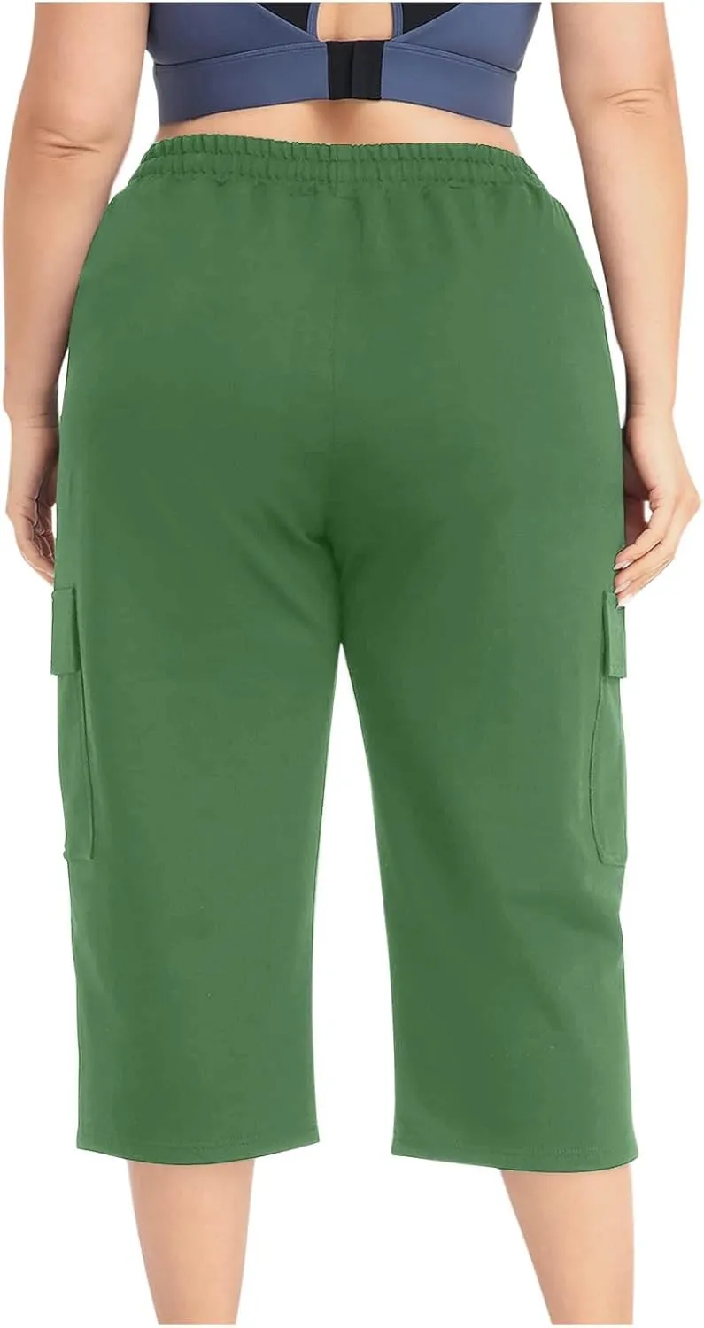 Women Plus Size Capris High Waisted Elastic Cargo Athletic Pants Dressy Casual Summer Travel Long Shorts