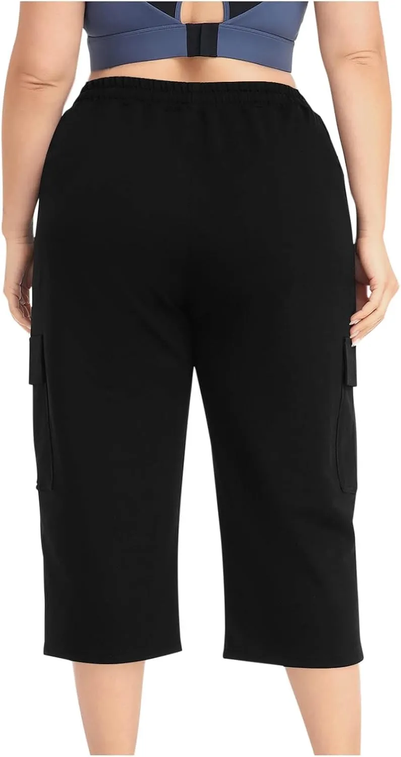 Women Plus Size Capris High Waisted Elastic Cargo Athletic Pants Dressy Casual Summer Travel Long Shorts