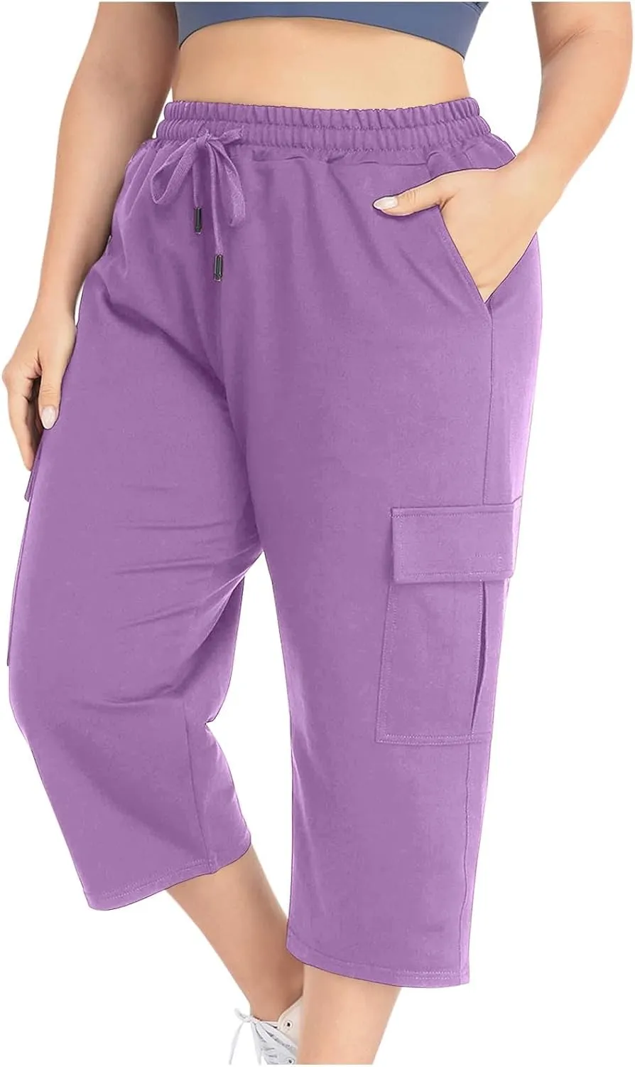 Women Plus Size Capris High Waisted Elastic Cargo Athletic Pants Dressy Casual Summer Travel Long Shorts