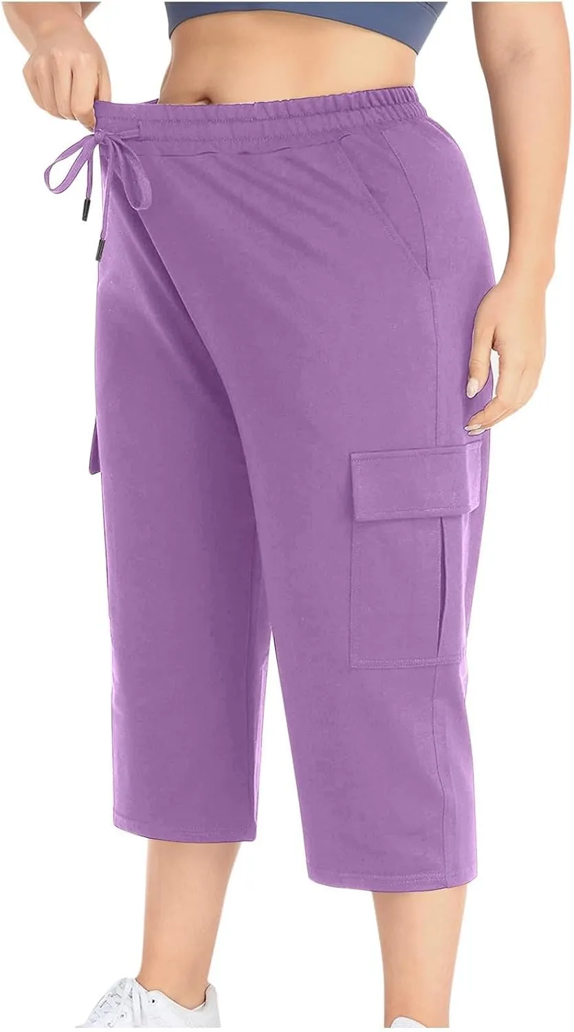 Women Plus Size Capris High Waisted Elastic Cargo Athletic Pants Dressy Casual Summer Travel Long Shorts