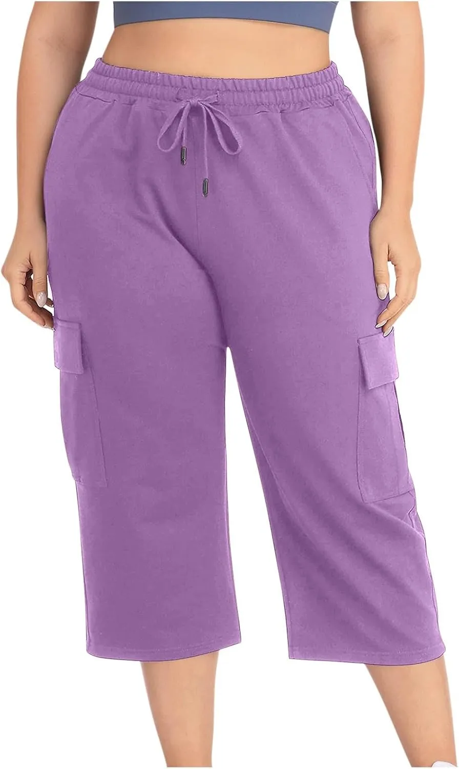 Women Plus Size Capris High Waisted Elastic Cargo Athletic Pants Dressy Casual Summer Travel Long Shorts