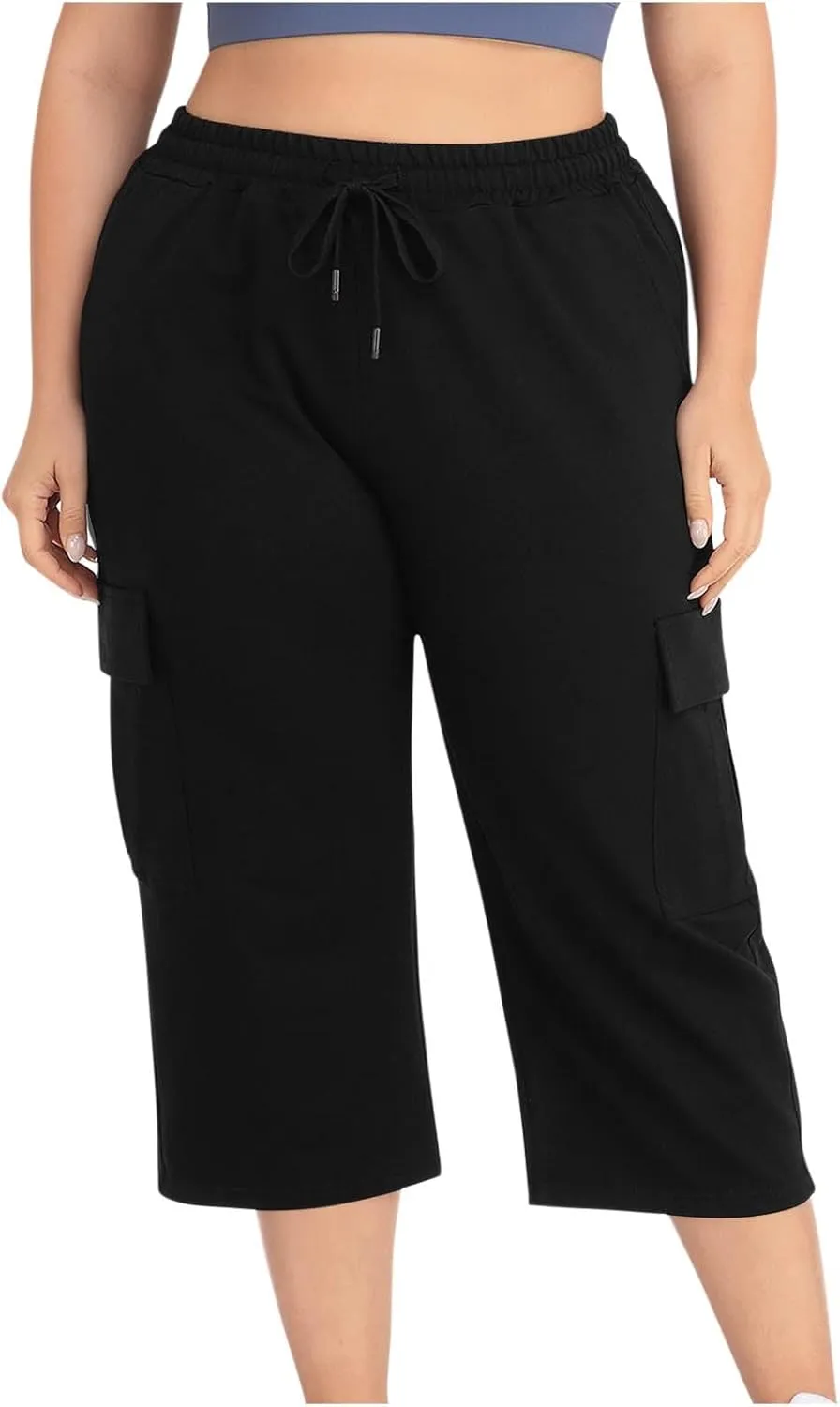 Women Plus Size Capris High Waisted Elastic Cargo Athletic Pants Dressy Casual Summer Travel Long Shorts