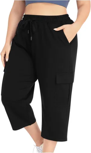 Women Plus Size Capris High Waisted Elastic Cargo Athletic Pants Dressy Casual Summer Travel Long Shorts