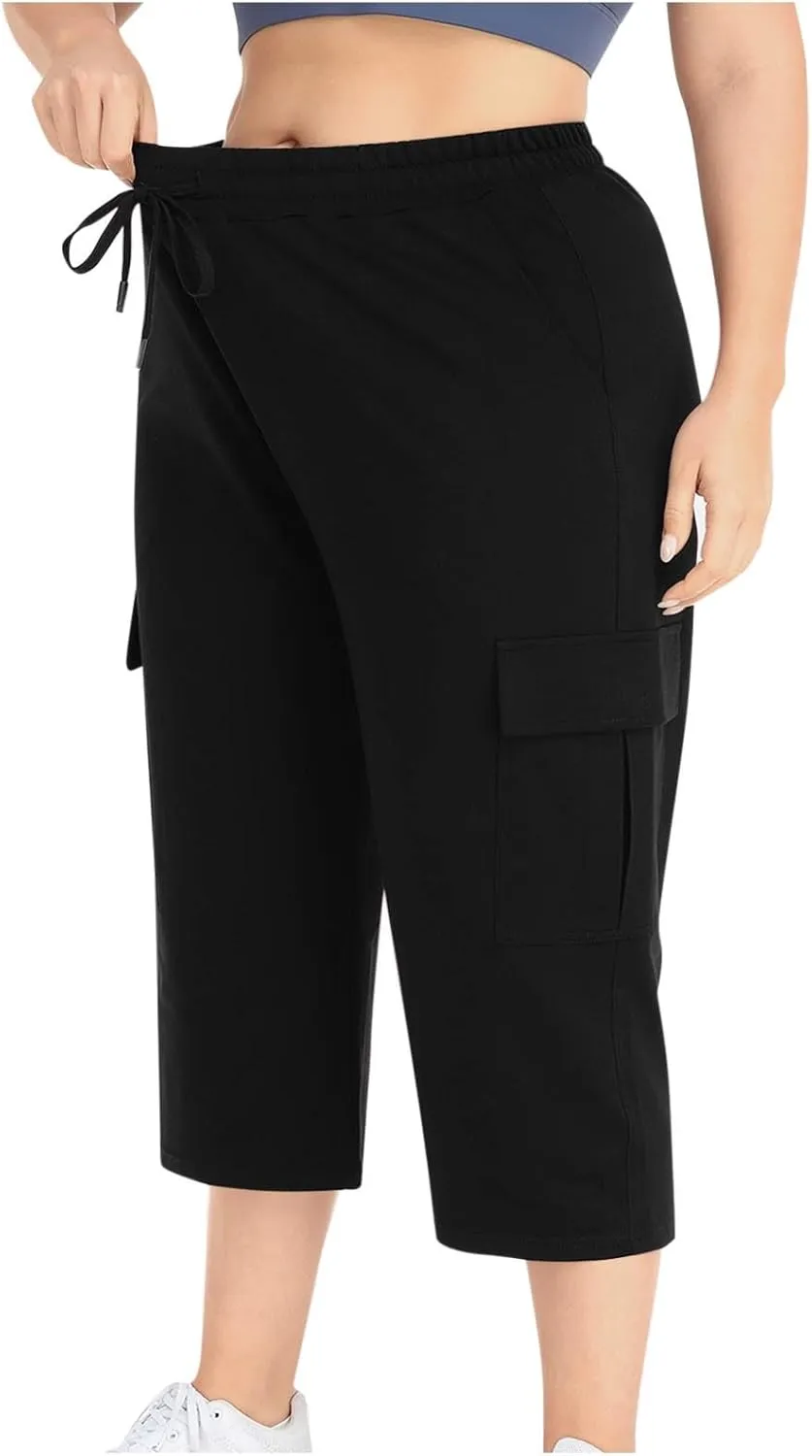Women Plus Size Capris High Waisted Elastic Cargo Athletic Pants Dressy Casual Summer Travel Long Shorts