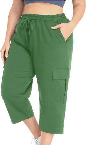Women Plus Size Capris High Waisted Elastic Cargo Athletic Pants Dressy Casual Summer Travel Long Shorts