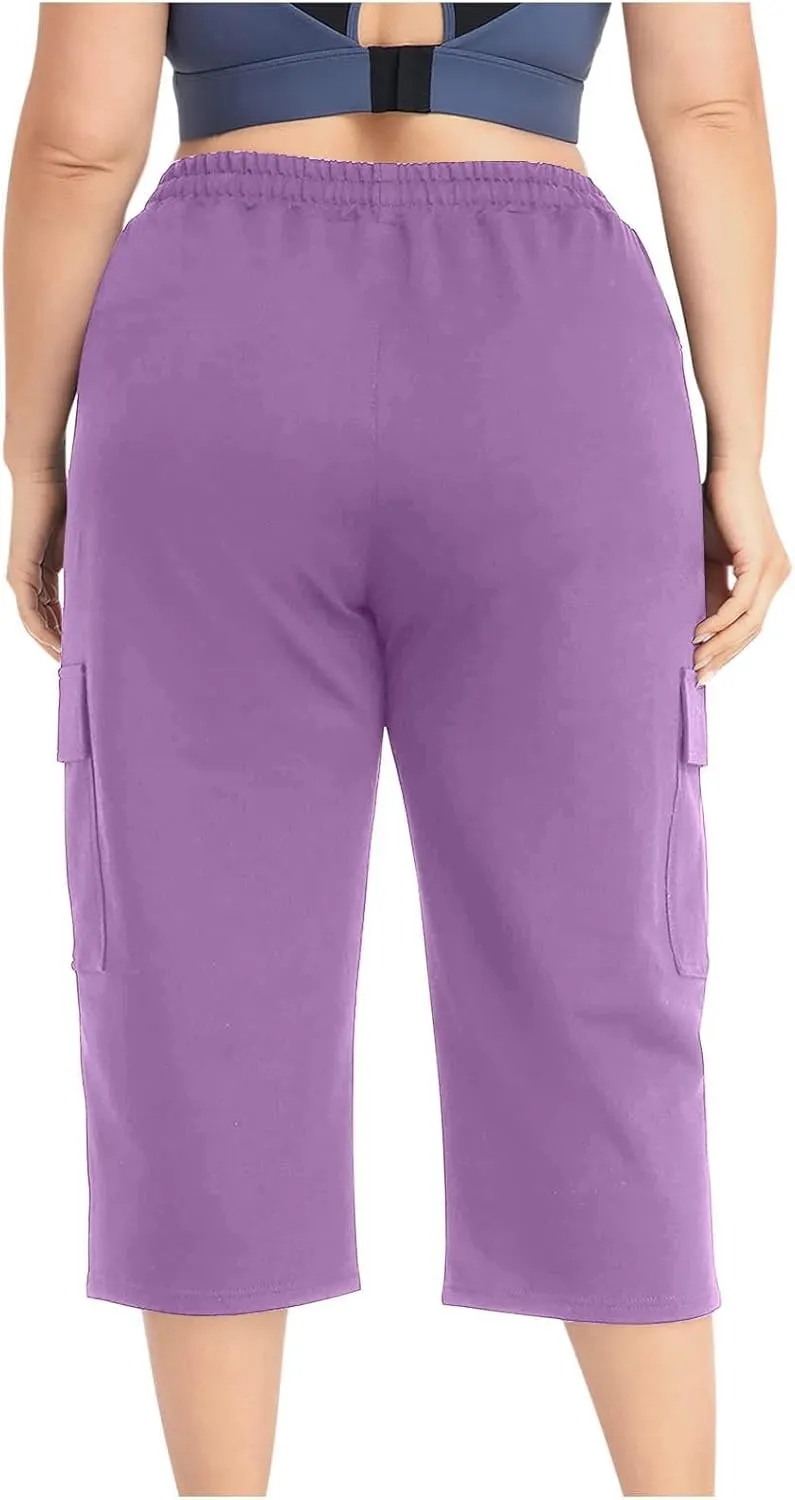 Women Plus Size Capris High Waisted Elastic Cargo Athletic Pants Dressy Casual Summer Travel Long Shorts