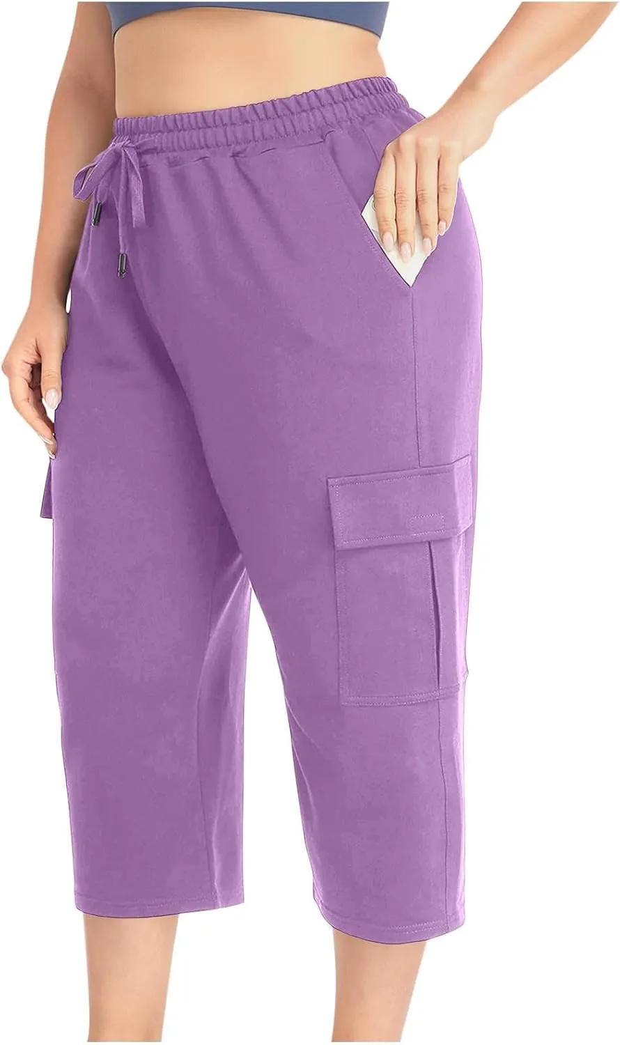 Women Plus Size Capris High Waisted Elastic Cargo Athletic Pants Dressy Casual Summer Travel Long Shorts