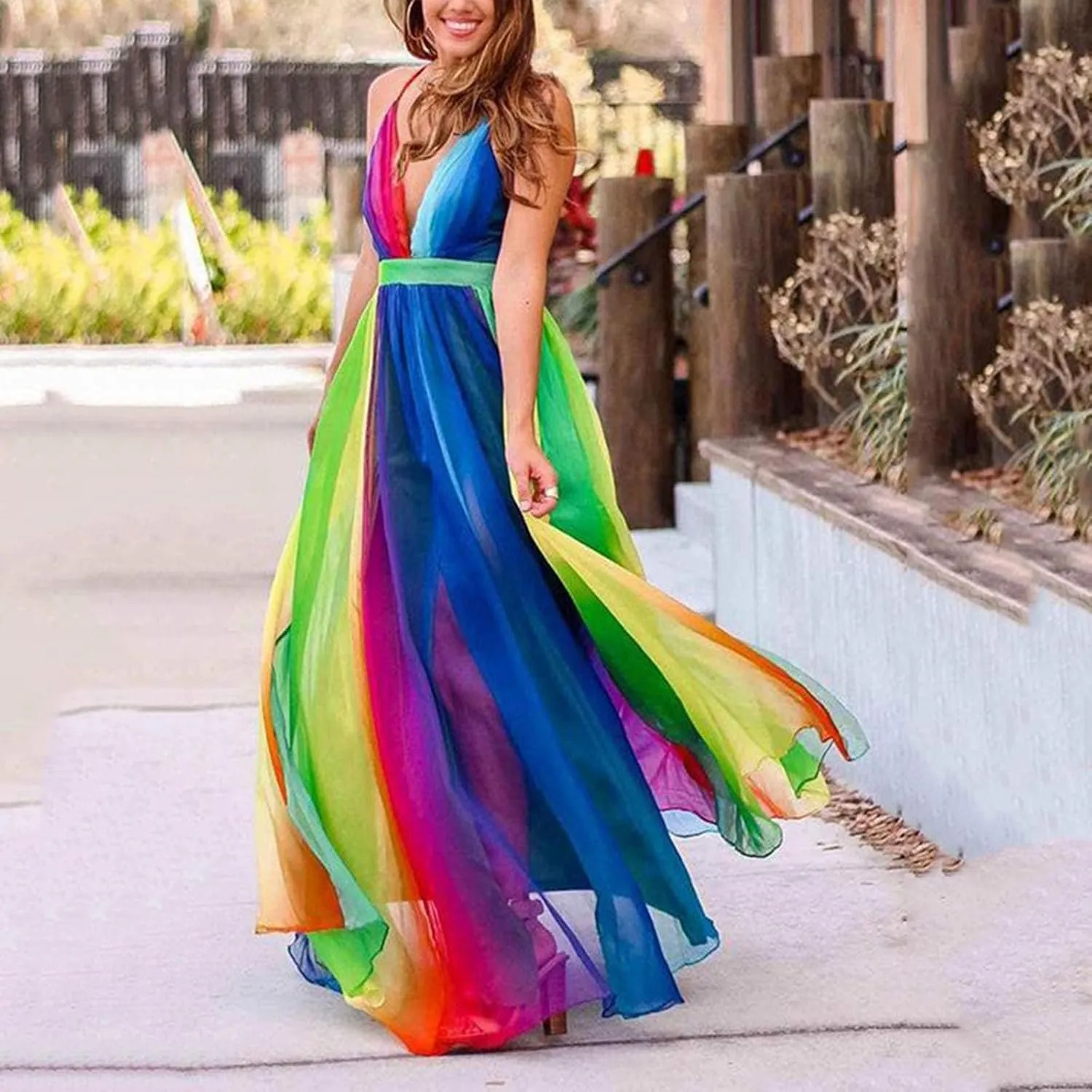 Women Rainbow Summer Dress Deep V Neck Sundress Backless Sexy Spaghetti Strap Stripe Chiffon Party Club Long Maxi Dress