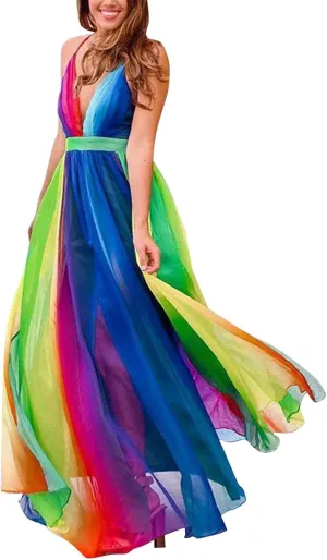 Women Rainbow Summer Dress Deep V Neck Sundress Backless Sexy Spaghetti Strap Stripe Chiffon Party Club Long Maxi Dress