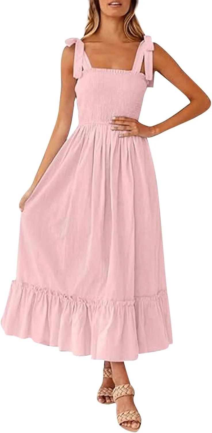 Women Summer Dresses Spaghetti Strap Square Neck Sundress Tie Up Smocked Maxi Dress Ruffle Tiered A Line Beach Dress