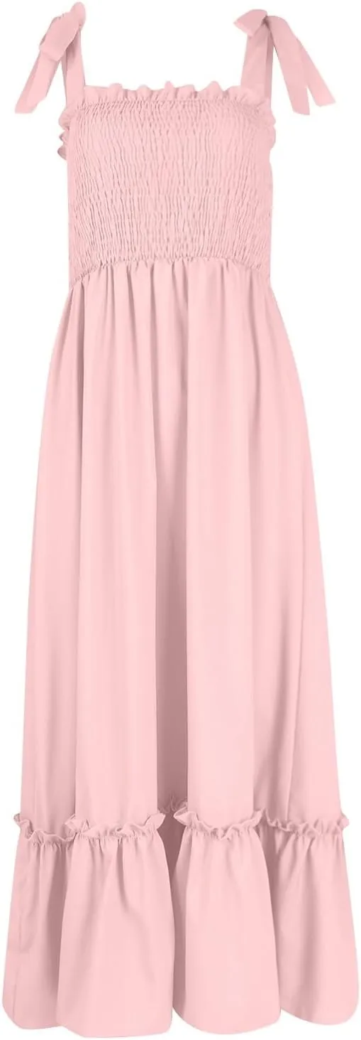 Women Summer Dresses Spaghetti Strap Square Neck Sundress Tie Up Smocked Maxi Dress Ruffle Tiered A Line Beach Dress