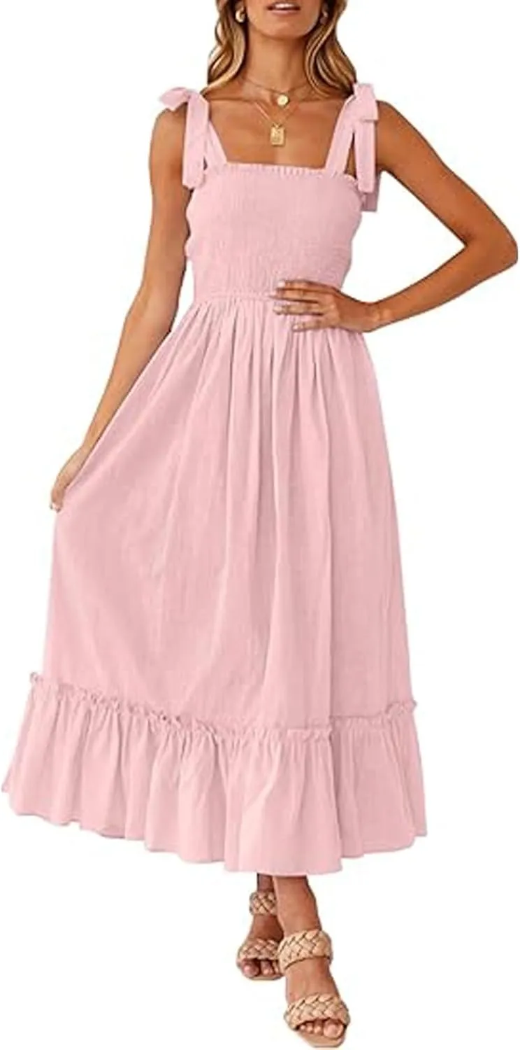 Women Summer Dresses Spaghetti Strap Square Neck Sundress Tie Up Smocked Maxi Dress Ruffle Tiered A Line Beach Dress