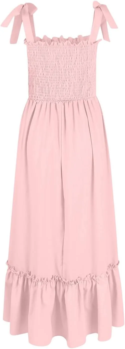 Women Summer Dresses Spaghetti Strap Square Neck Sundress Tie Up Smocked Maxi Dress Ruffle Tiered A Line Beach Dress