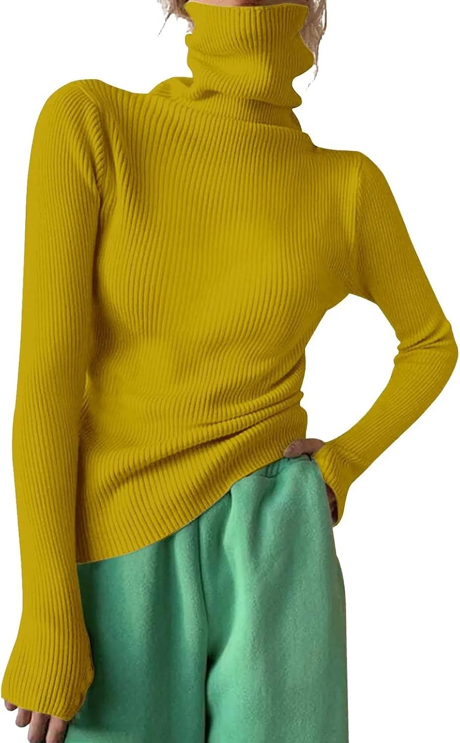 Women Turtleneck Sweaters Oversized Loose Fit Thumb Holes Sweater Trendy Warm Long Sleeve Ribbed Knit Pullover Jumper