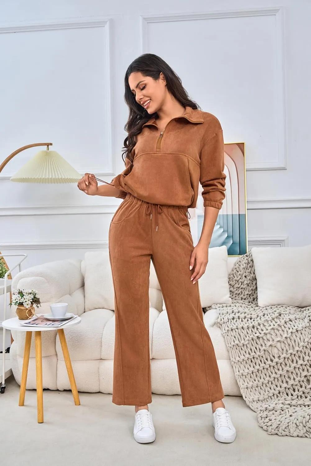 Womens 2 Piece Sets Travel Outfits Half Zip Sweatshirt And Wide Leg Sweatpant Airport Outfits for Women 2025