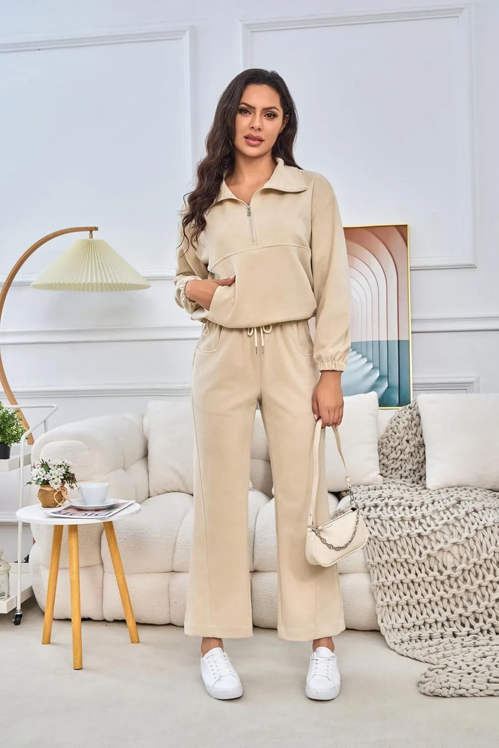 Womens 2 Piece Sets Travel Outfits Half Zip Sweatshirt And Wide Leg Sweatpant Airport Outfits for Women 2025