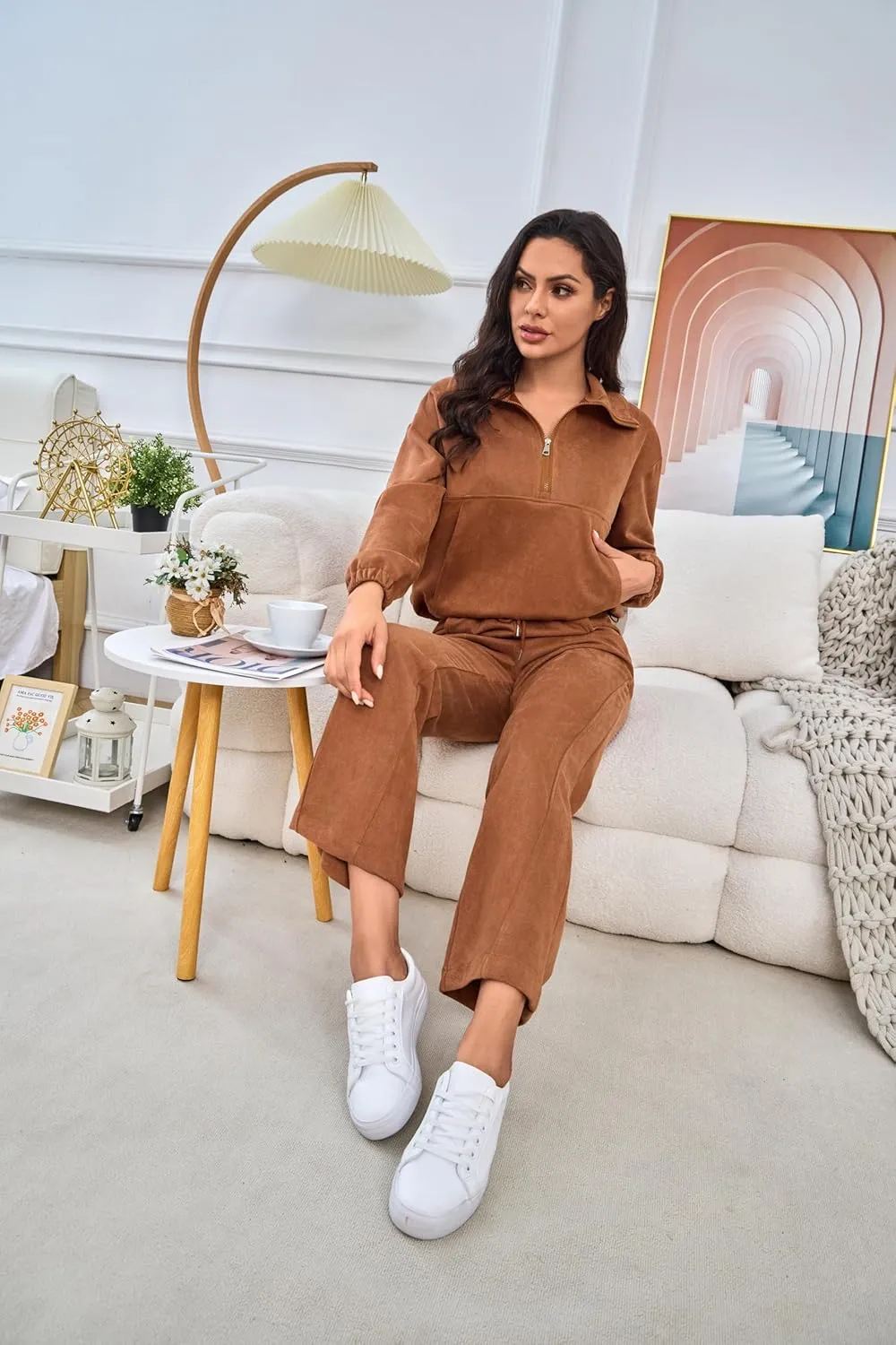 Womens 2 Piece Sets Travel Outfits Half Zip Sweatshirt And Wide Leg Sweatpant Airport Outfits for Women 2025