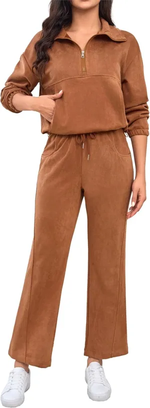 Womens 2 Piece Sets Travel Outfits Half Zip Sweatshirt And Wide Leg Sweatpant Airport Outfits for Women 2025