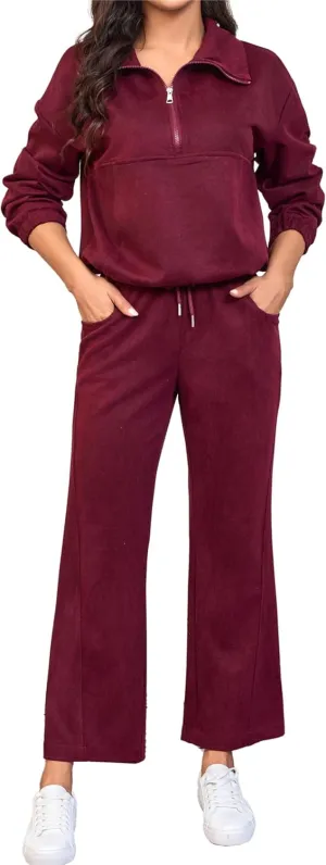 Womens 2 Piece Sets Travel Outfits Half Zip Sweatshirt And Wide Leg Sweatpant Airport Outfits for Women 2025