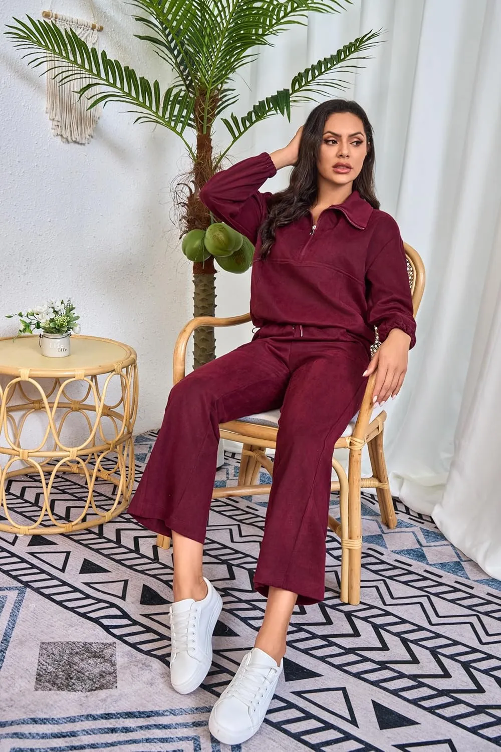 Womens 2 Piece Sets Travel Outfits Half Zip Sweatshirt And Wide Leg Sweatpant Airport Outfits for Women 2025