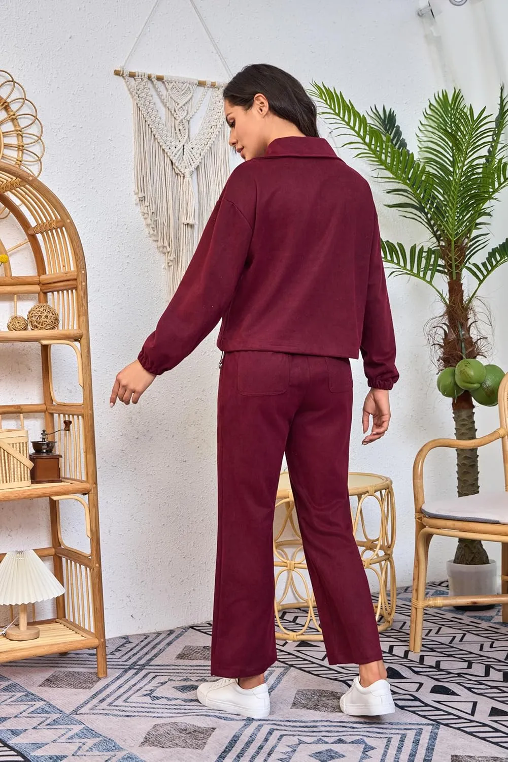 Womens 2 Piece Sets Travel Outfits Half Zip Sweatshirt And Wide Leg Sweatpant Airport Outfits for Women 2025