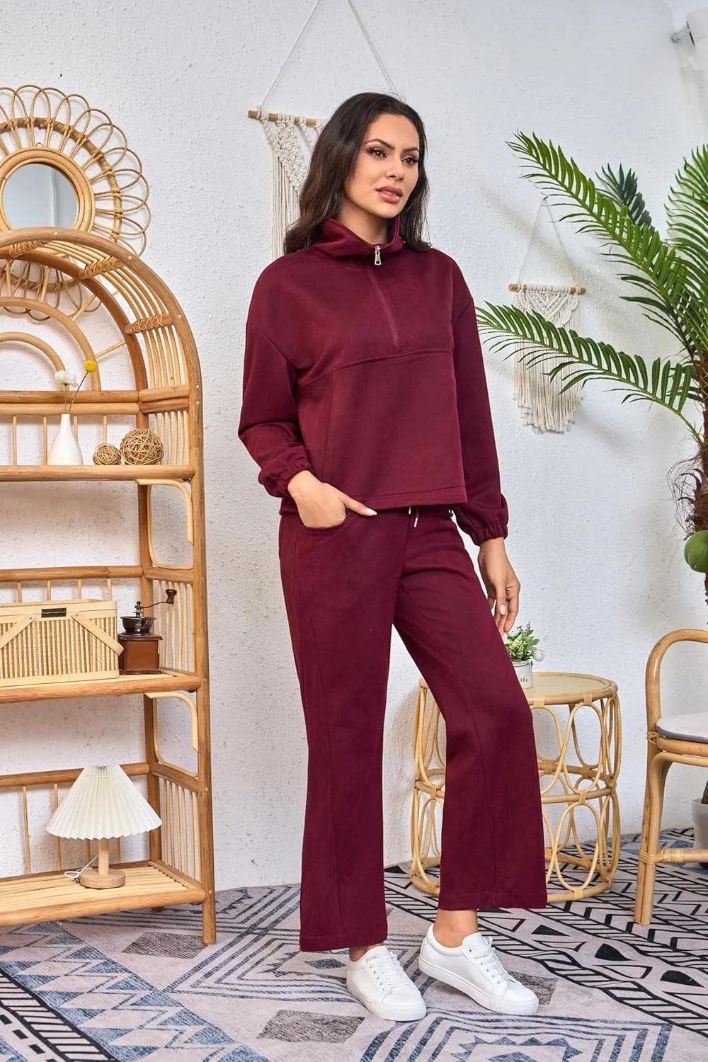 Womens 2 Piece Sets Travel Outfits Half Zip Sweatshirt And Wide Leg Sweatpant Airport Outfits for Women 2025
