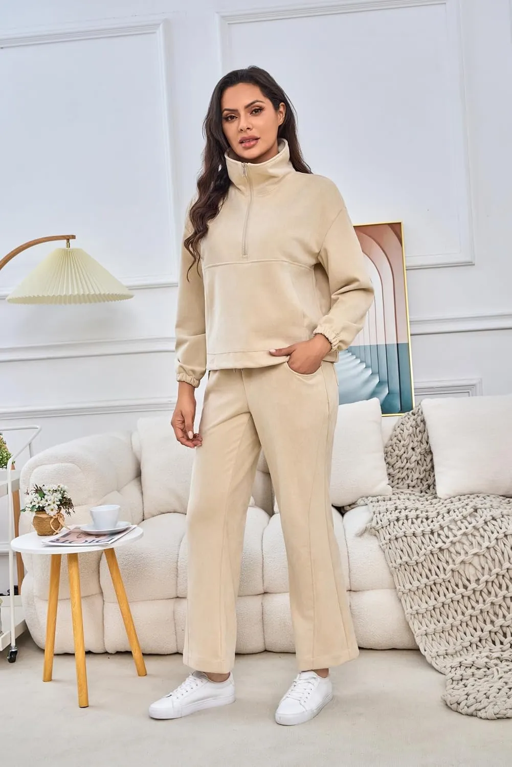 Womens 2 Piece Sets Travel Outfits Half Zip Sweatshirt And Wide Leg Sweatpant Airport Outfits for Women 2025