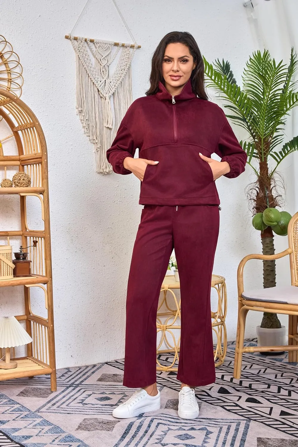 Womens 2 Piece Sets Travel Outfits Half Zip Sweatshirt And Wide Leg Sweatpant Airport Outfits for Women 2025