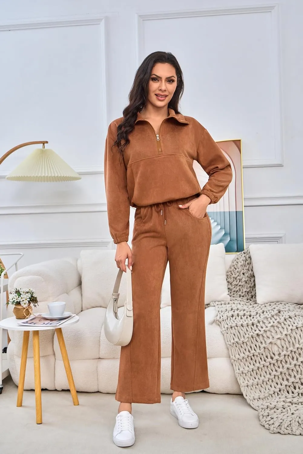 Womens 2 Piece Sets Travel Outfits Half Zip Sweatshirt And Wide Leg Sweatpant Airport Outfits for Women 2025