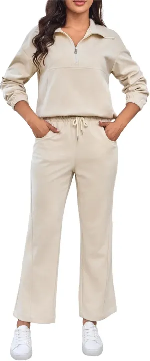 Womens 2 Piece Sets Travel Outfits Half Zip Sweatshirt And Wide Leg Sweatpant Airport Outfits for Women 2025