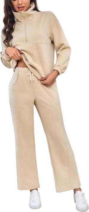Womens 2 Piece Sets Travel Outfits Half Zip Sweatshirt And Wide Leg Sweatpant Airport Outfits for Women 2025