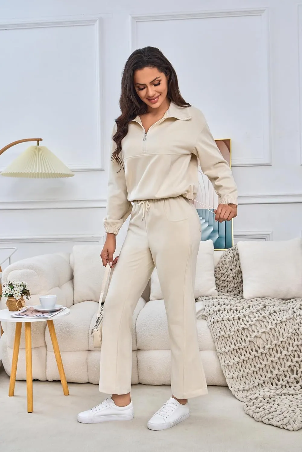 Womens 2 Piece Sets Travel Outfits Half Zip Sweatshirt And Wide Leg Sweatpant Airport Outfits for Women 2025