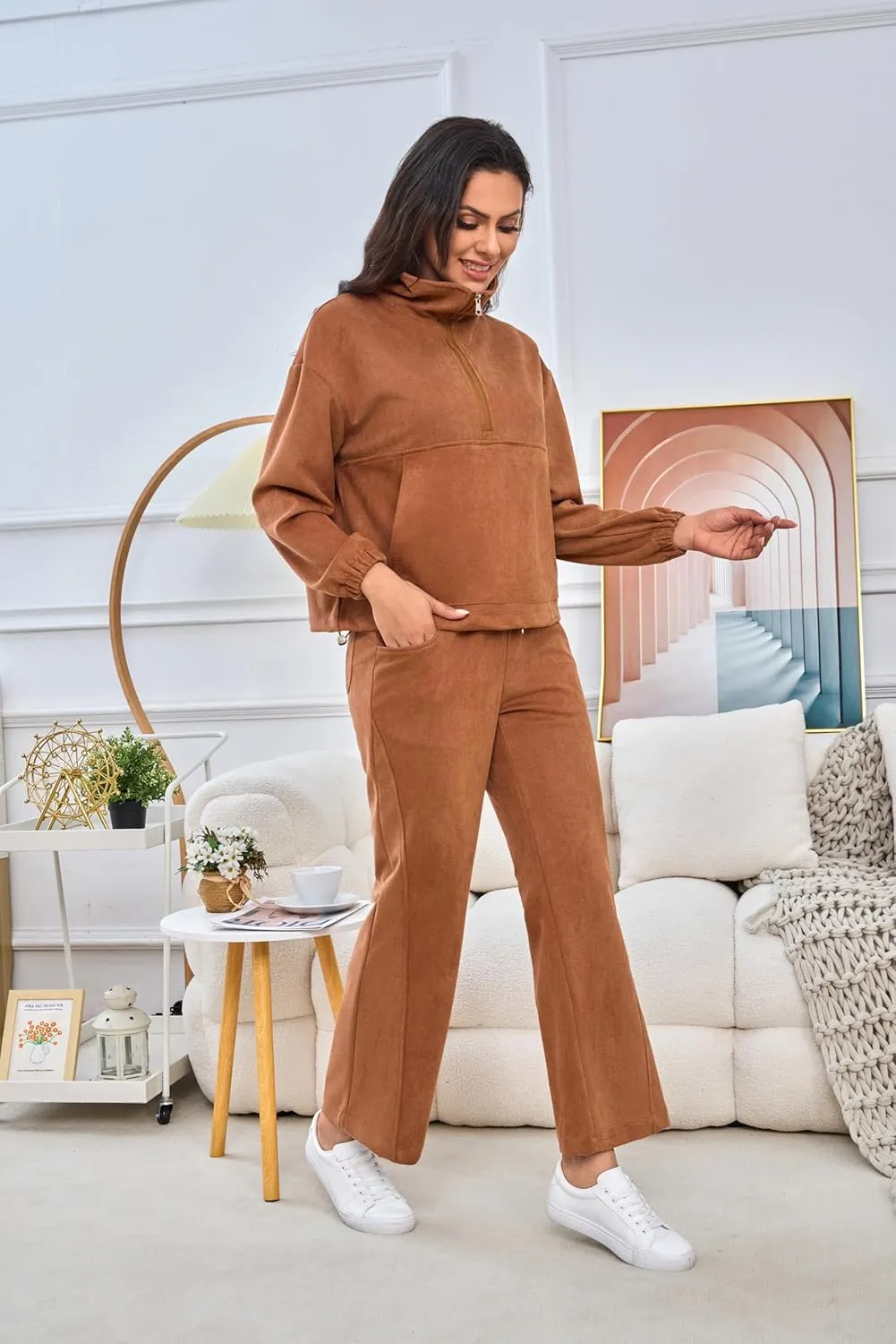 Womens 2 Piece Sets Travel Outfits Half Zip Sweatshirt And Wide Leg Sweatpant Airport Outfits for Women 2025