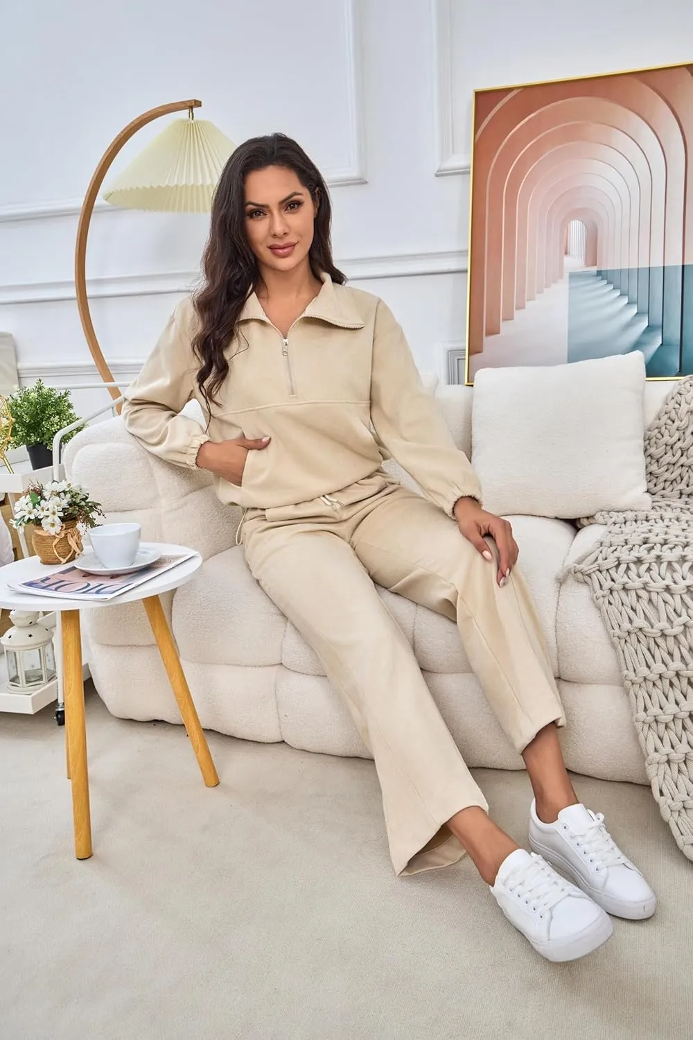 Womens 2 Piece Sets Travel Outfits Half Zip Sweatshirt And Wide Leg Sweatpant Airport Outfits for Women 2025
