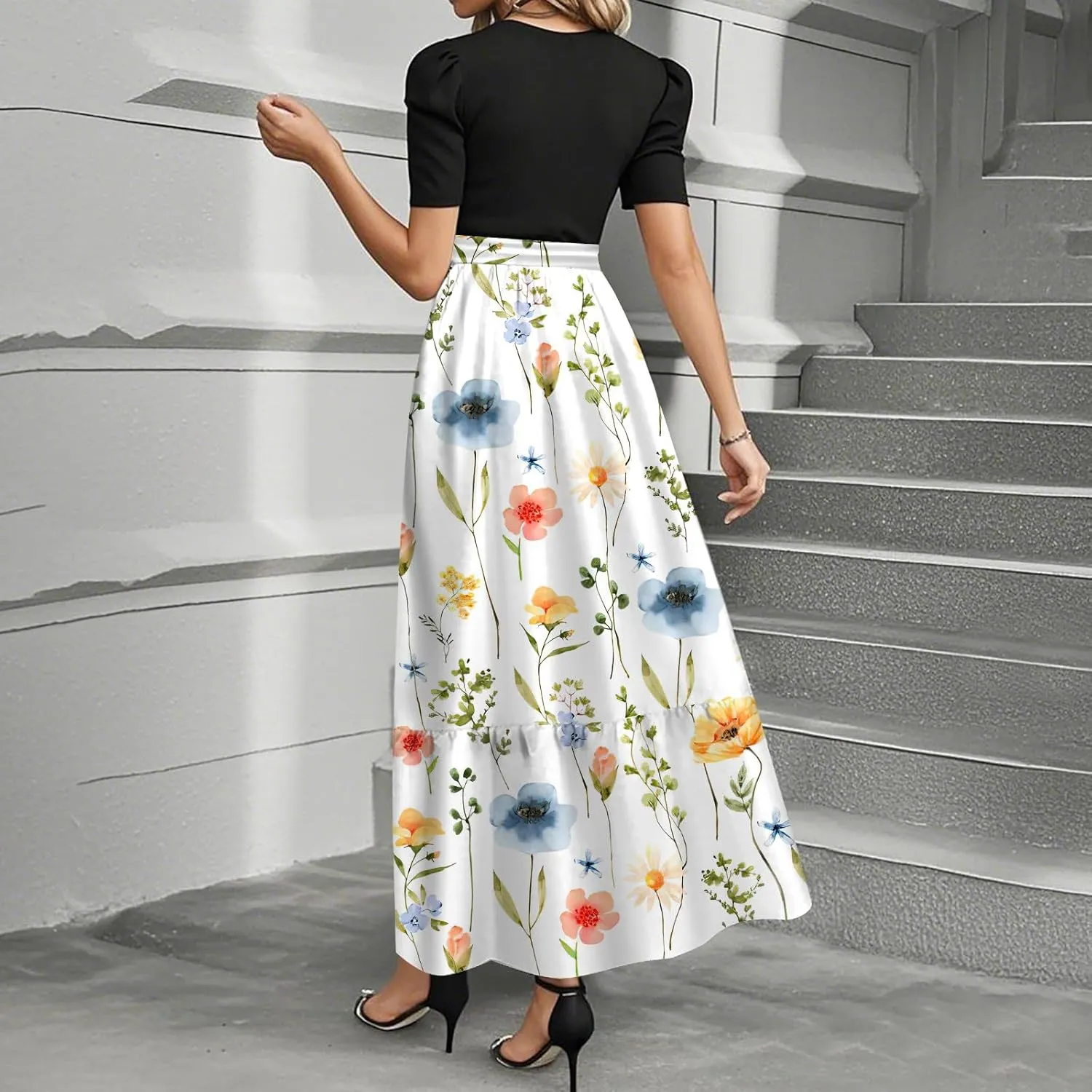 Women's 2025 Summer Floral Midi Dress Cap Sleeve V Neck Ruffle Long Flowy Boho Casual Beach Vacation Dresses