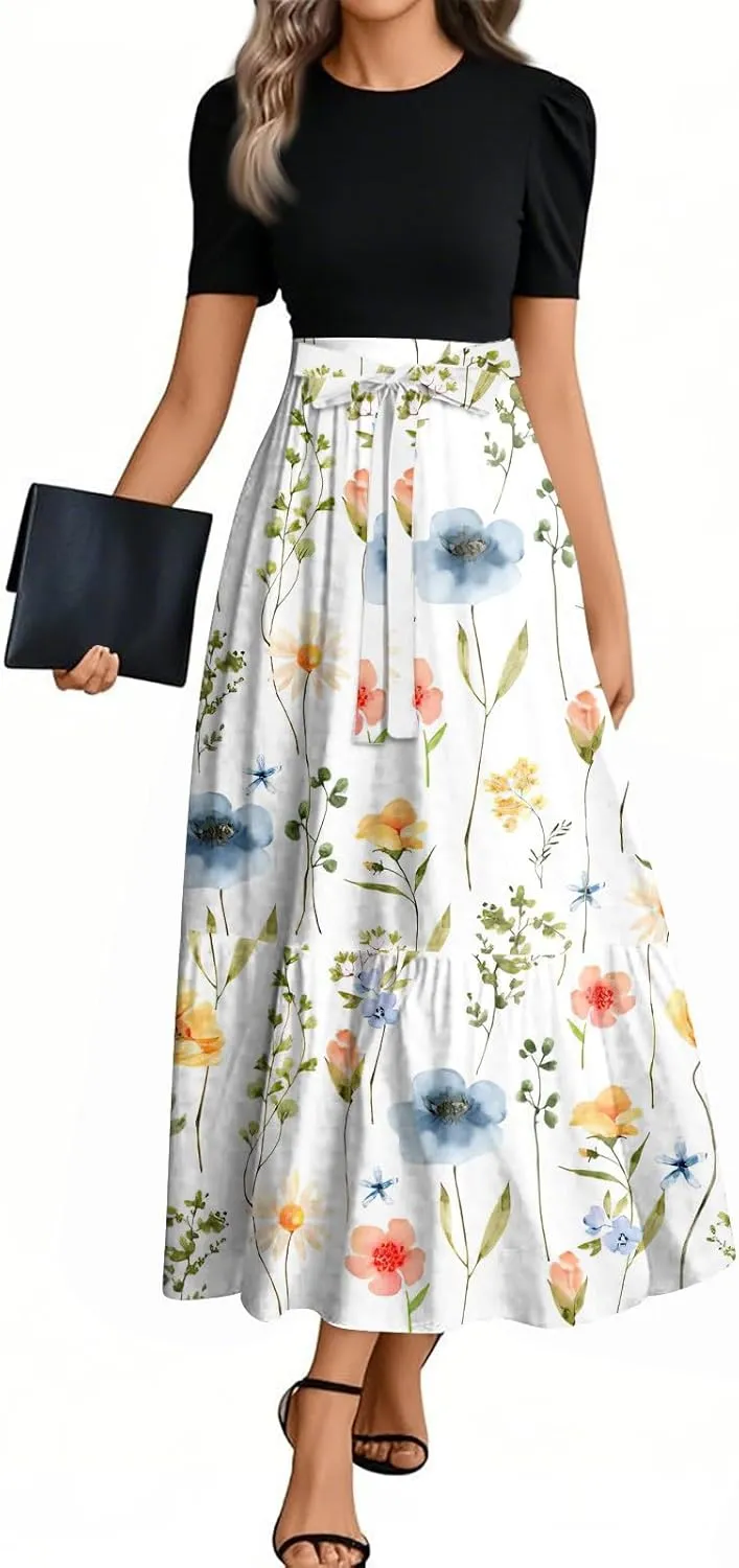Women's 2025 Summer Floral Midi Dress Cap Sleeve V Neck Ruffle Long Flowy Boho Casual Beach Vacation Dresses