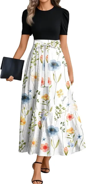 Women's 2025 Summer Floral Midi Dress Cap Sleeve V Neck Ruffle Long Flowy Boho Casual Beach Vacation Dresses