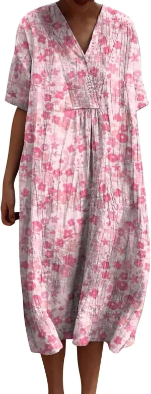 Women's Boho Summer Dresses with Pockets Vintage Art Floral Printed Midi Dress V Neck Plus Size Loose Casual Dresses
