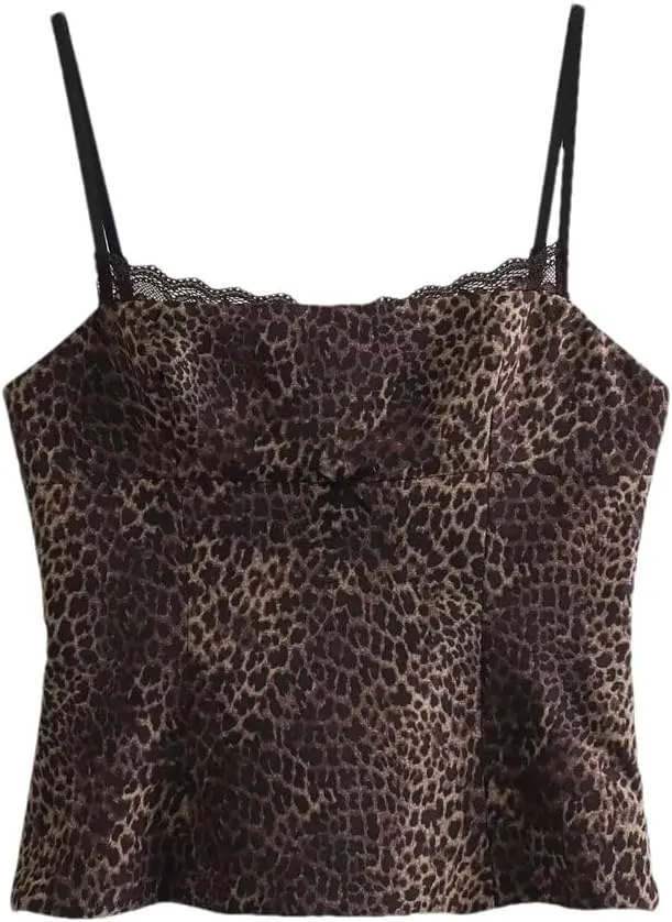 Women's Bow Lace Patchwork Leopard Print Short Cami Sleeveless Camisole Top