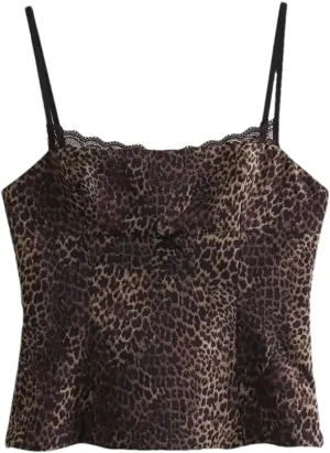Women's Bow Lace Patchwork Leopard Print Short Cami Sleeveless Camisole Top