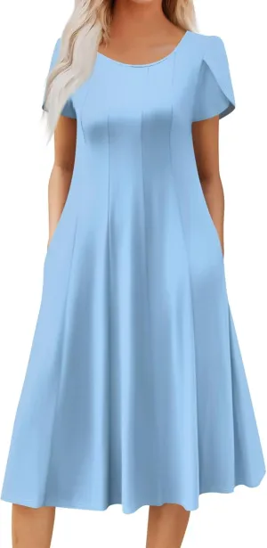 Womens Casual Dress for Summer Solid/Floral Short Sleeve Pleated T-Shirt Dress Loose Beach Midi Sundress with Pockets